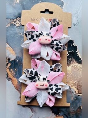 Pink & White Cow Print Flower Hair Clips (Set of 2)